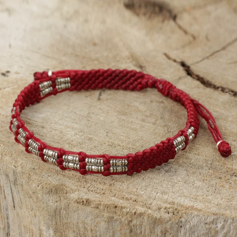 luxury bracelets with garnet for weddings -Affinity in Red Thai Braided Red Cord Bracelet with 950 Silver Beads