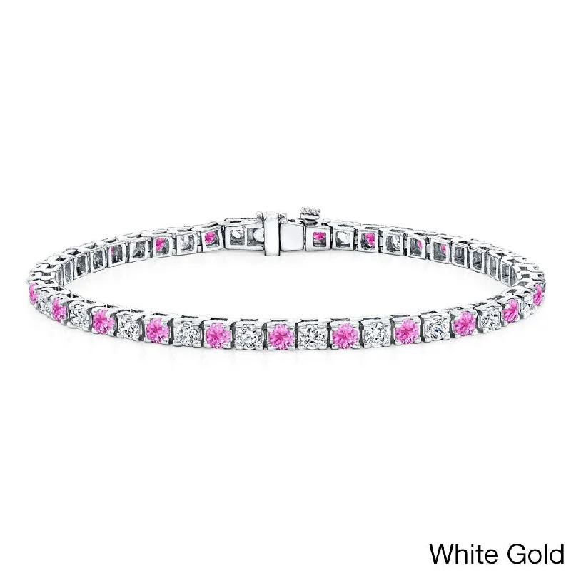 personalized gold bangles with topaz for weddings -Auriya 3 1/2ct Round Pink Sapphire and 3 1/2ctw Diamond Tennis Bracelet 14k Gold