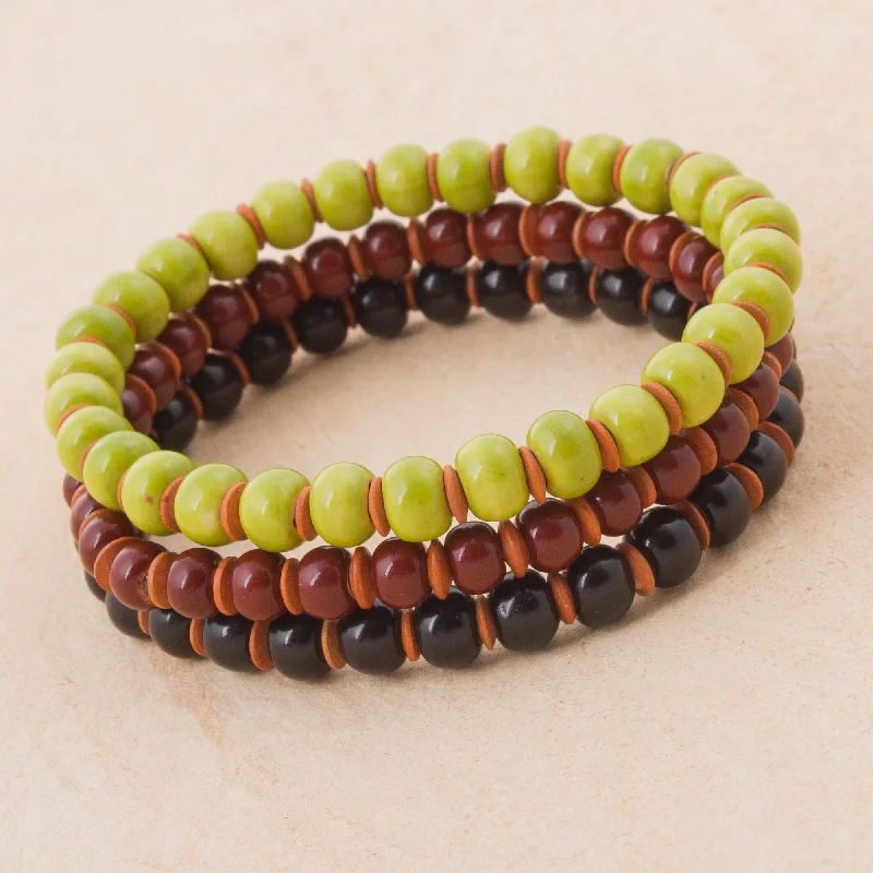 handmade bracelets with garnet stones for gifts -Autumn Spirit Three Ceramic Bracelets in Chartreuse Russet and Black