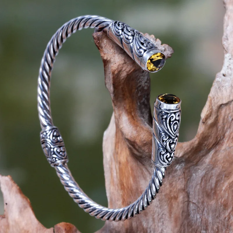 silver bangles with crystals for weddings -Beacon of Light Sterling Silver Hinged Cuff Bracelet with Citrines