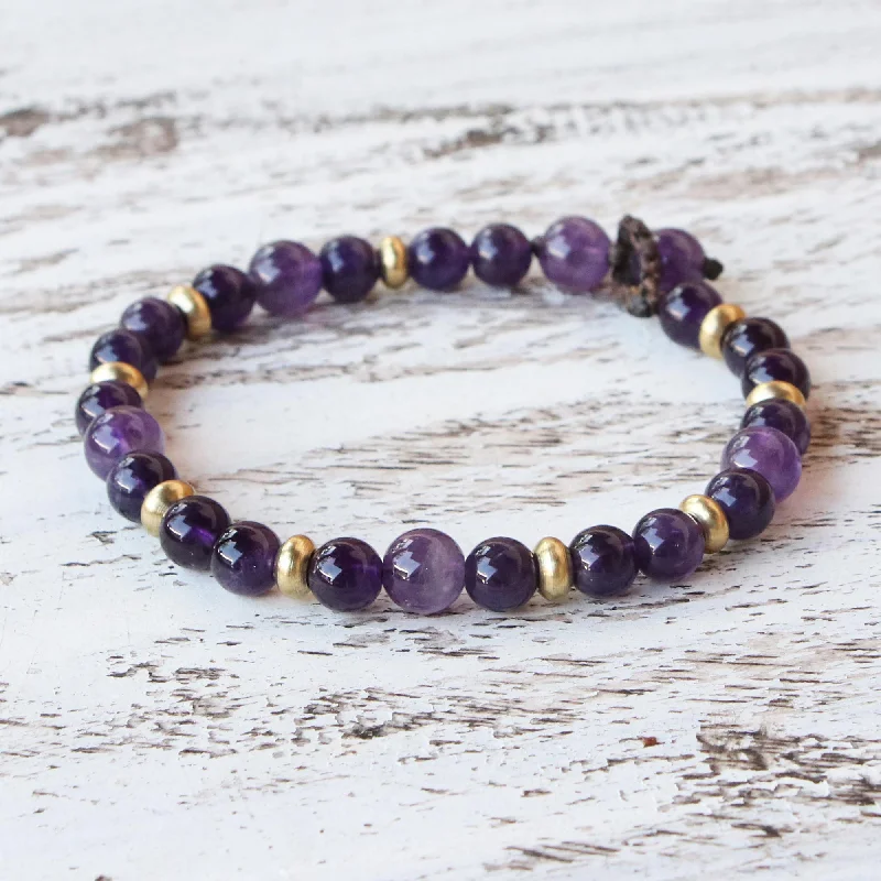 luxury silver bracelets with emeralds for gifts -Beautiful Thai in Purple Amethyst and Brass Beaded Bracelet from Thailand