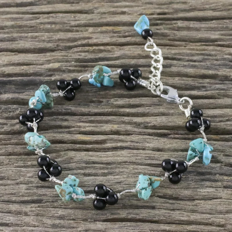 silver bracelets for weddings with crystals -Chiang Mai Mist Artisan Crafted Bracelet with Onyx and Turquoise Beads