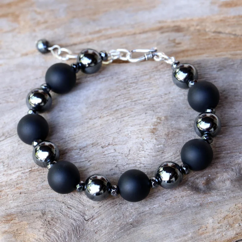 custom-designed gold bracelets for family members -Dark Cosmos Onyx and Hematite Beaded Bracelet by Thai Artisans