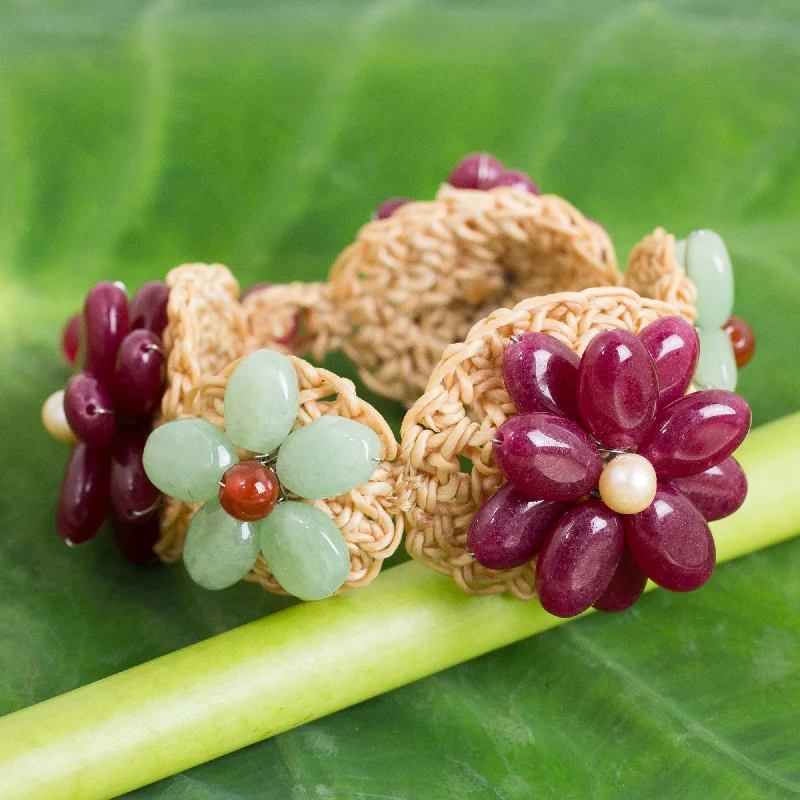 stylish bracelets for special occasions with pearls -Floral Garland in Berry Deep Pink and Green Quartz Crocheted Flower Bracelet