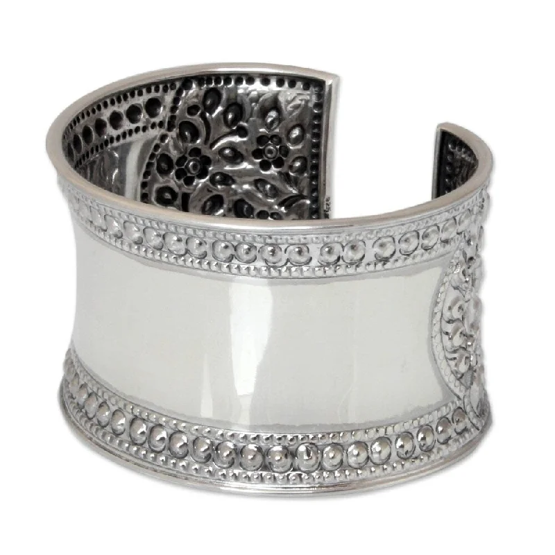 trendy leather bracelets for men with gemstones -Handmade Lace Floral Filigree Repousse Cuff (Thailand) - Silver