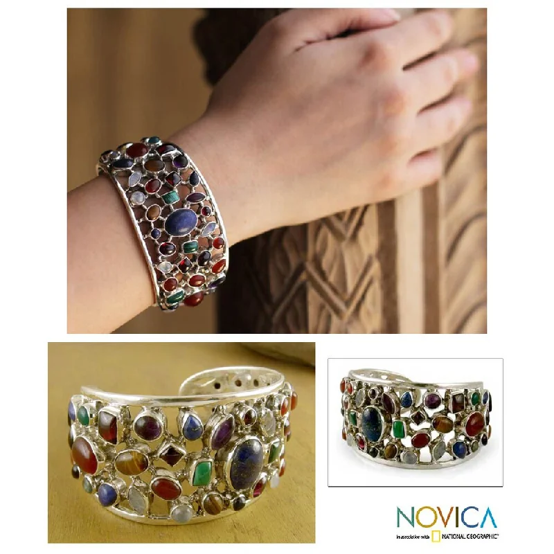 stylish silver bracelets with sapphires for special events -Handmade Sterling Silver Shimmering Confetti Multicolor Gemstone Cuff Bracelet (India)