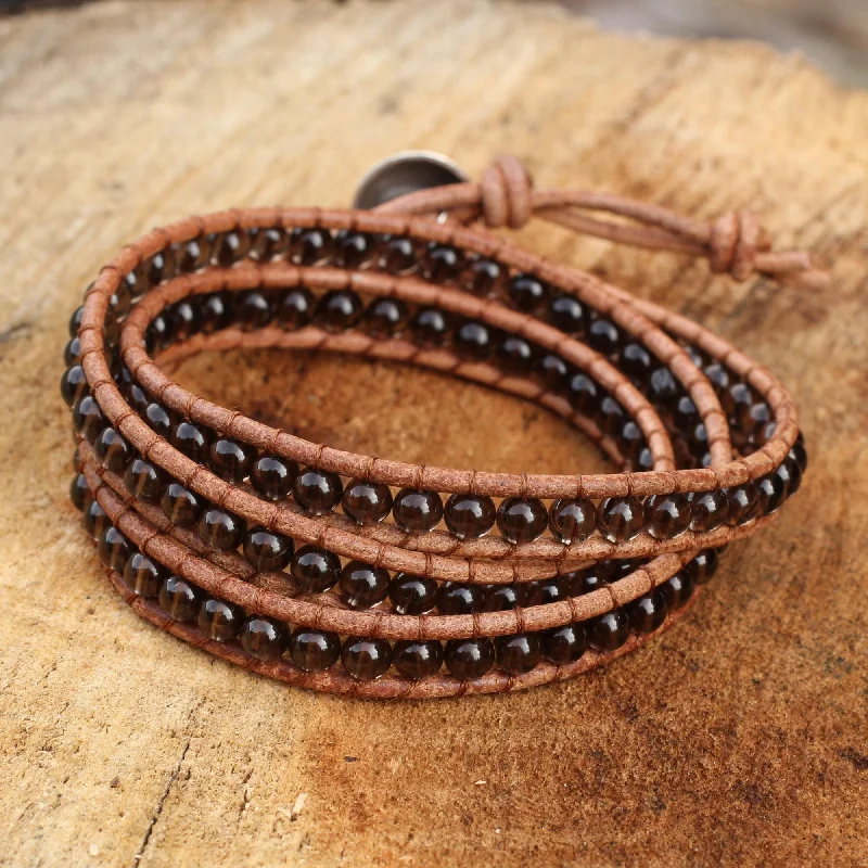 luxury silver bracelets with rubies for gifts -Joyful Life Smoky Quartz and Leather Wrap Bracelet Thai Jewelry