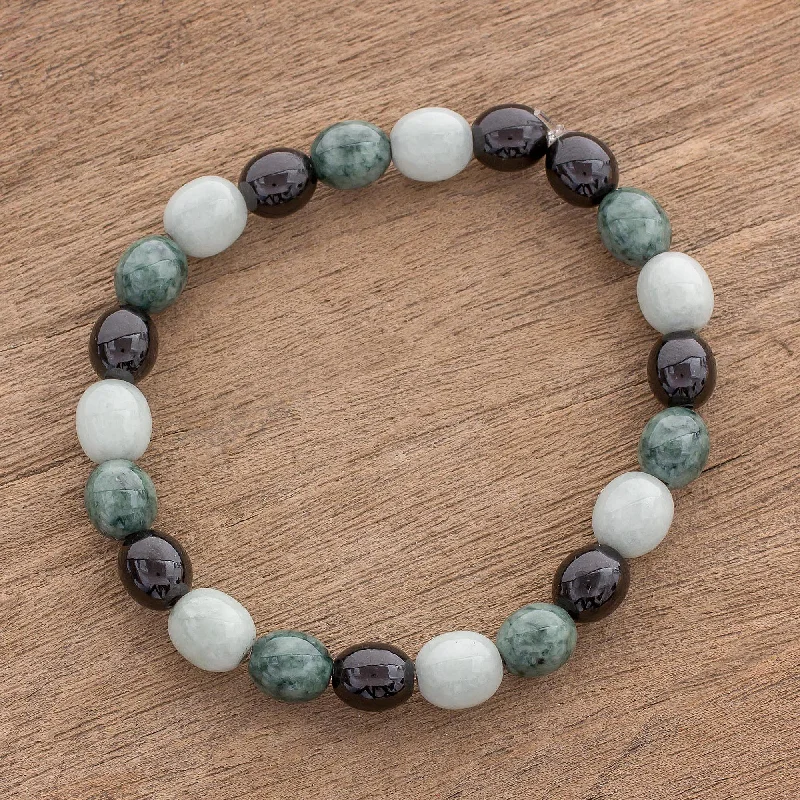 silver bracelets with garnet for casual wear -Light and Shade Black Green and Pale Natural Jade Beaded Stretch Bracelet