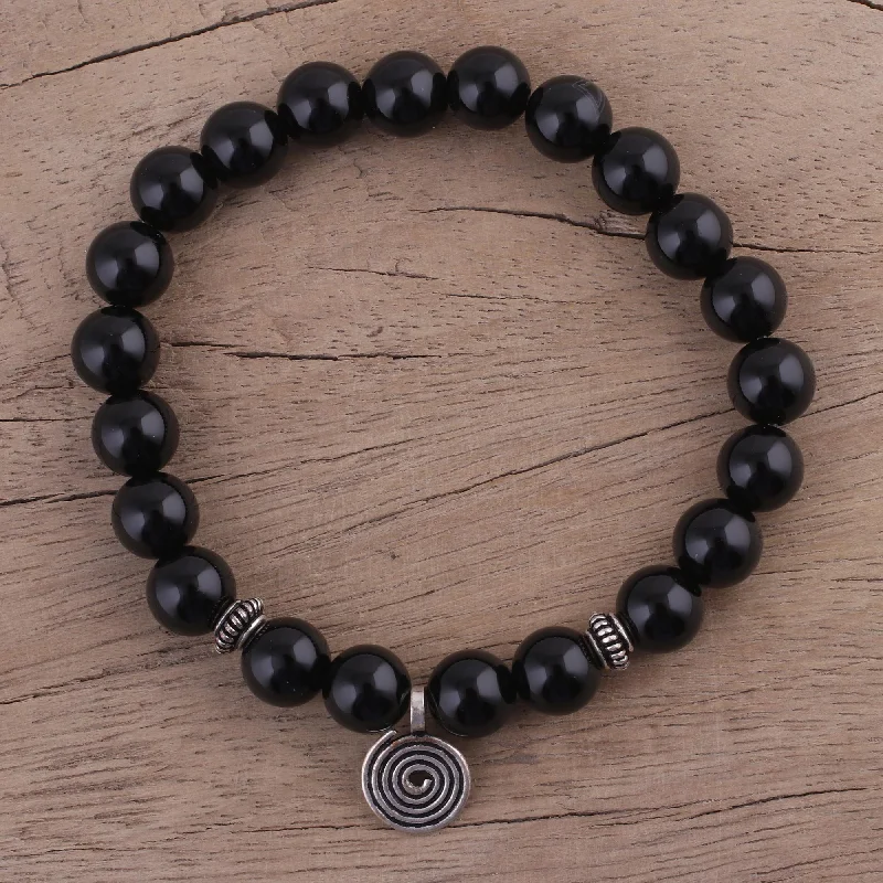 personalized silver bracelets for formal events -Midnight Swirl Onyx and Silver Beaded Stretch Bracelet from India