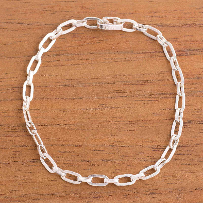 trendy gold bracelets for bridal parties -Minimalist Flair High-Polish Sterling Silver Link Bracelet from Peru