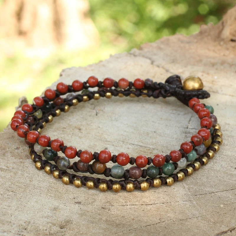 custom engraved bracelets for couples -Natural Mix Beaded Macrame Bracelet with Jasper, Agate and Brass