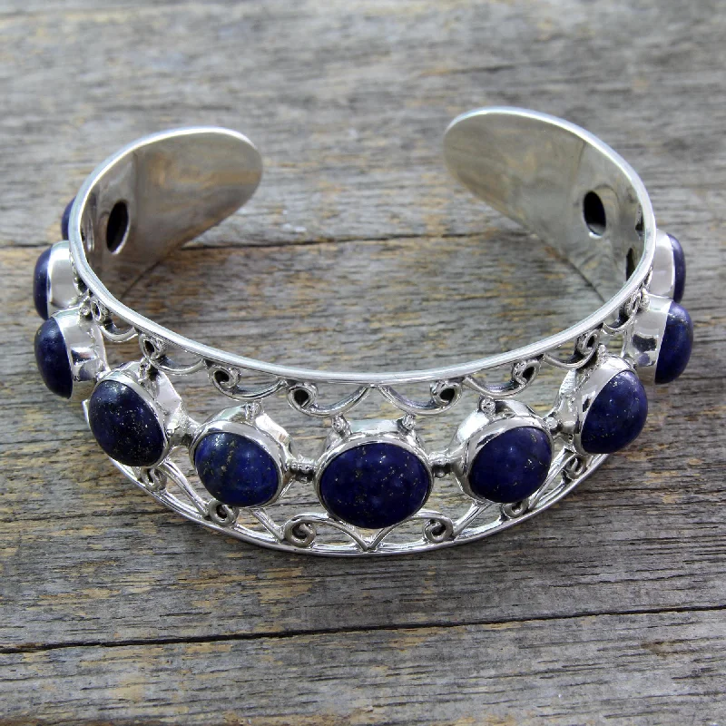 custom gemstone bracelets for men -Nostalgia Lapis Lazuli and Sterling Silver Cuff Bracelet from India