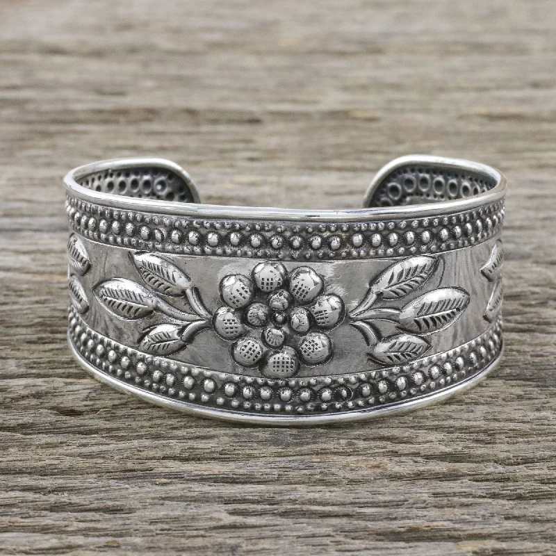 stylish silver bracelets with garnet stones -Pleasure in Paradise Handmade Sterling Silver Floral Cuff Bracelet from Thailand