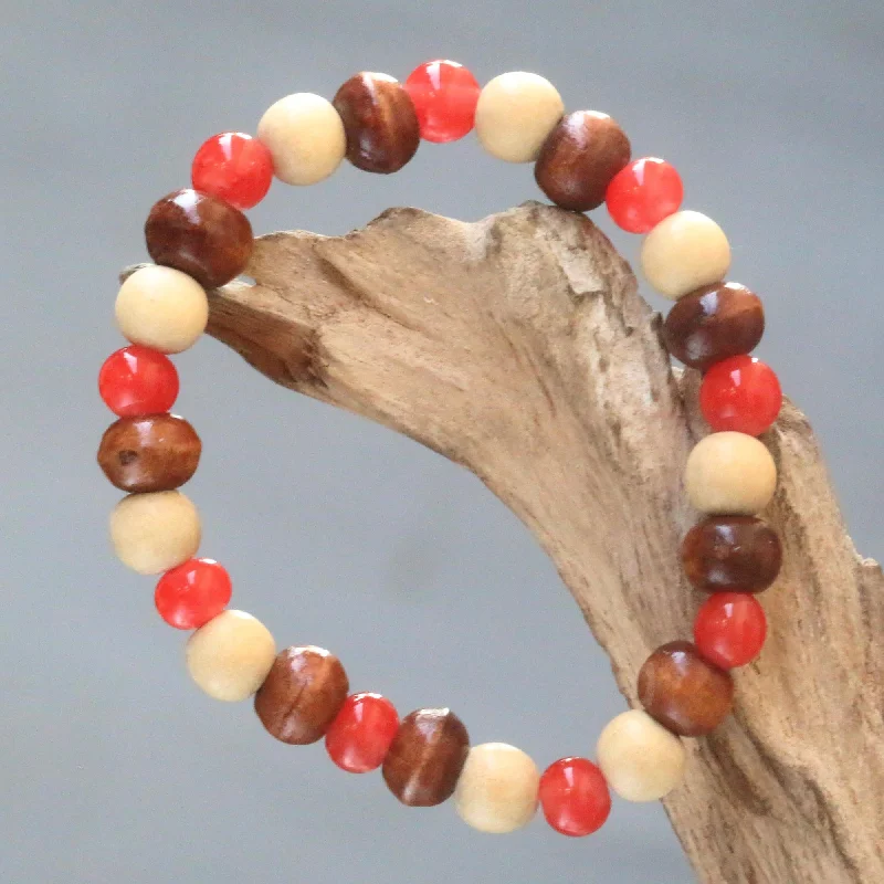 luxury silver bracelets for casual wear -Red Connection Beaded Stretch Bracelet with Ceramic and Wood Beads