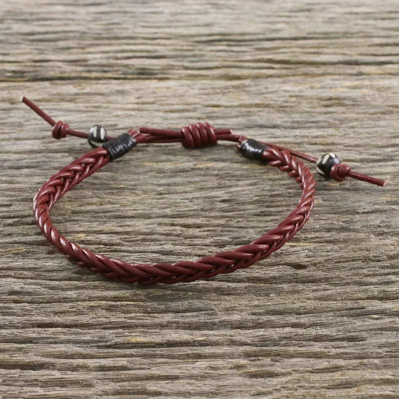 trendy gold bangles with opal stones -Rustic Simplicity Men's Cow Bone Bead Mahogany Braided Leather Wrap Bracelet