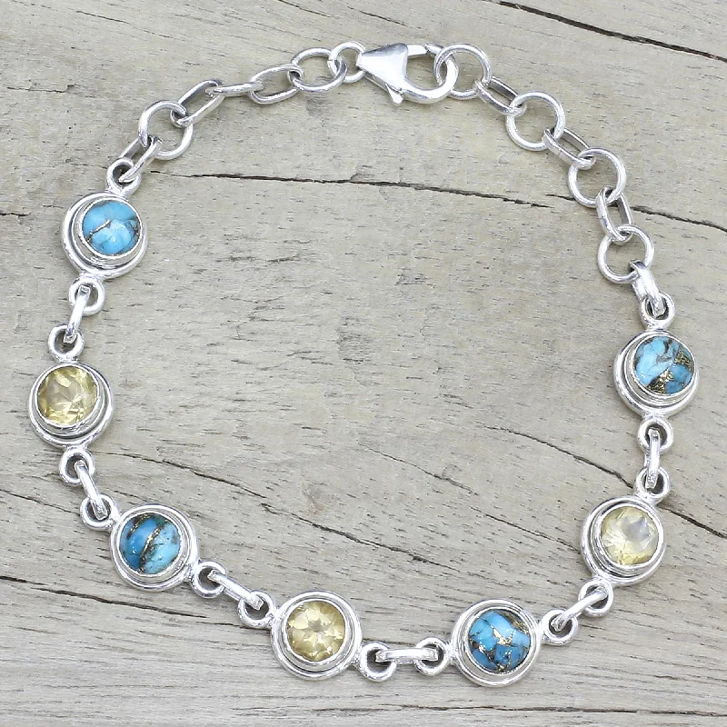 silver bracelets for engagements with gemstones -Seashore Radiance Citrine and Composite Turquoise Link Bracelet from India