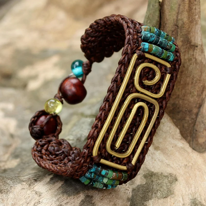 stylish bracelets with sapphires for weddings -Siam Fortress Brown Brass and Reconstituted Turquoise Wristband Bracelet