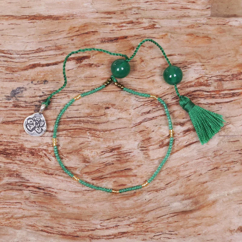 stylish silver bracelets for formal occasions -Silver Flower in Green Hand Made Green Quartz Beaded Charm Bracelet from Indonesia