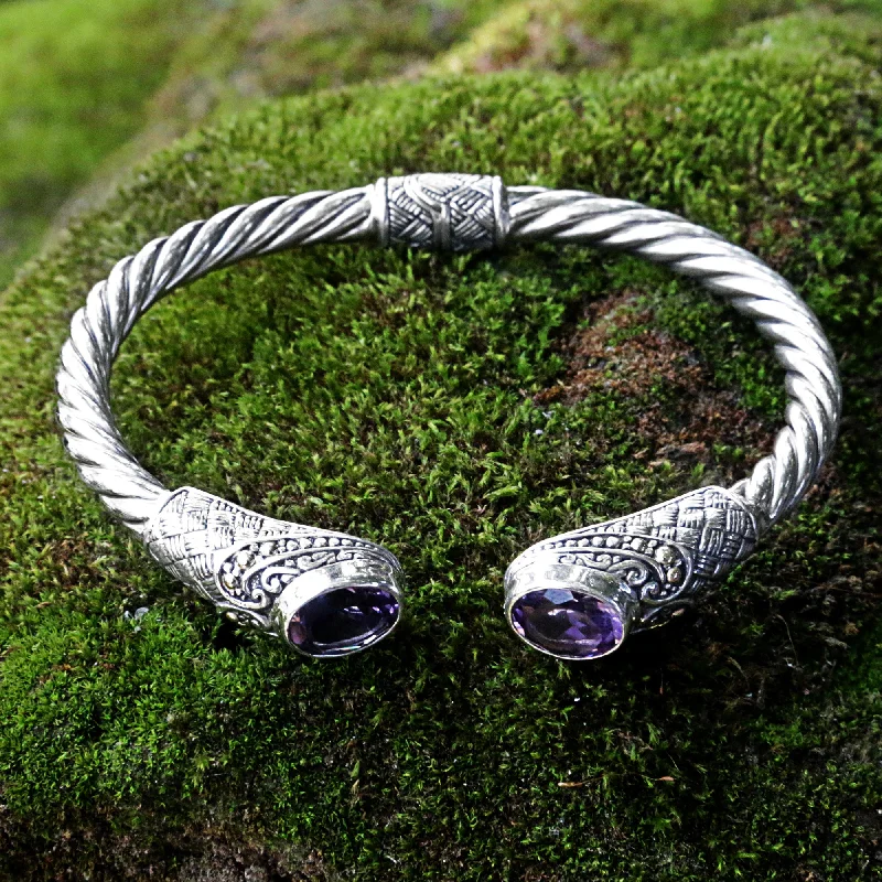 unique custom bracelets for men -Sterling Rope Hand Crafted Amethyst Cuff Bracelet from Indonesia