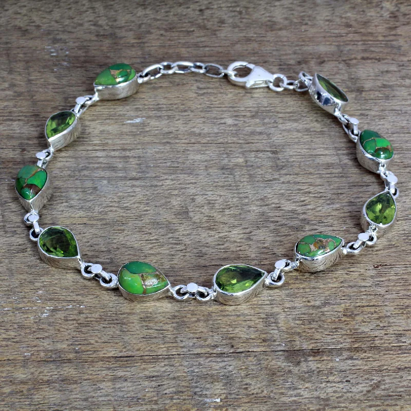 custom-designed gold bracelets with citrine stones -Sunny Drops in Green Peridot Composite Turquoise Link Bracelet from India