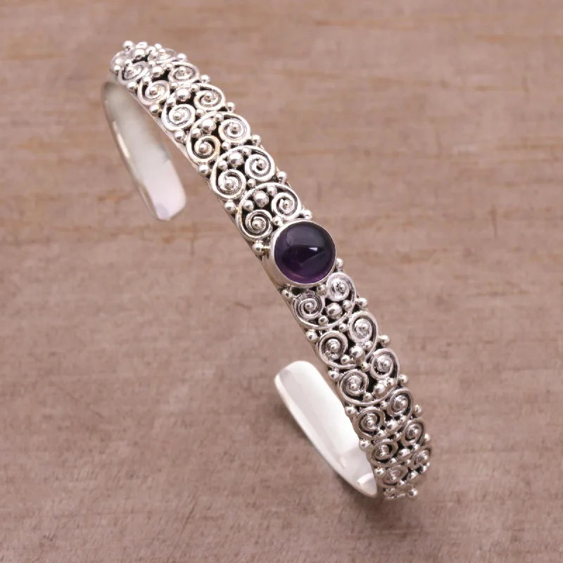 custom bracelets with diamonds for special occasions -Swirling Feeling Amethyst and Sterling Silver Cuff Bracelet from Bali