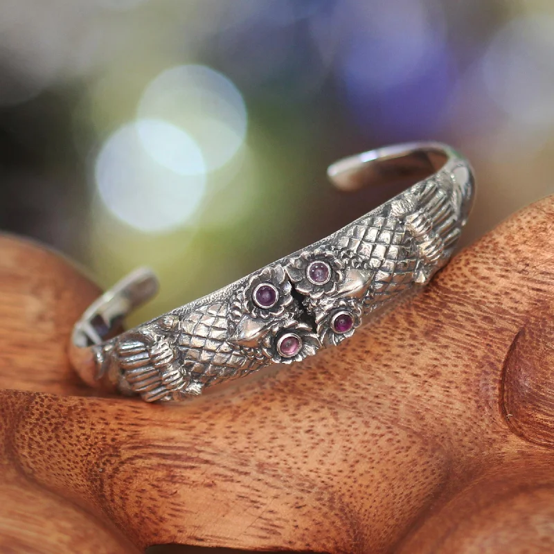 custom silver bracelets with sapphires for gifts -Twin Owls Sterling Silver and Amethyst Cuff Bracelet