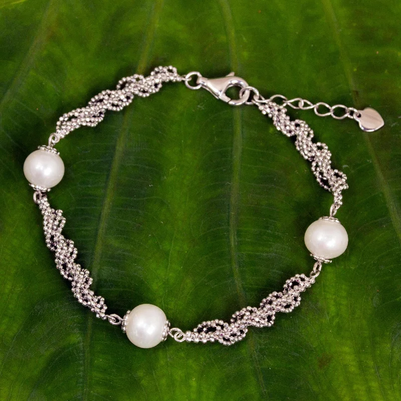 custom silver bracelets for formal wear -White Jasmine Trio Thai Handcrafted Cultured Pearl and Sterling Silver Bracelet