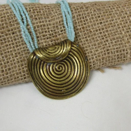 custom necklaces with gemstone pendants -Aqua Multi-strand Necklace with Gold Spiral Disc Pendant