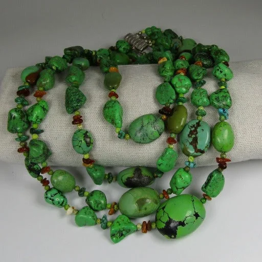 fashionable silver necklaces with charms -Multi-strand Apple Green Turquoise Handmade Necklace