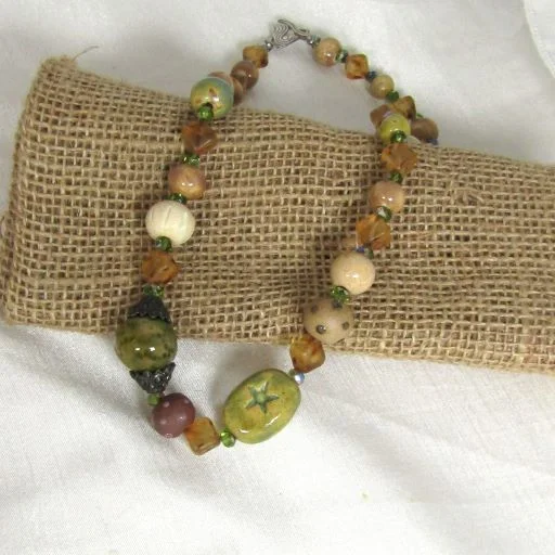 trendy necklaces with colorful beads -Green and Beige Handmade Artisan Bead Necklace Whimsical