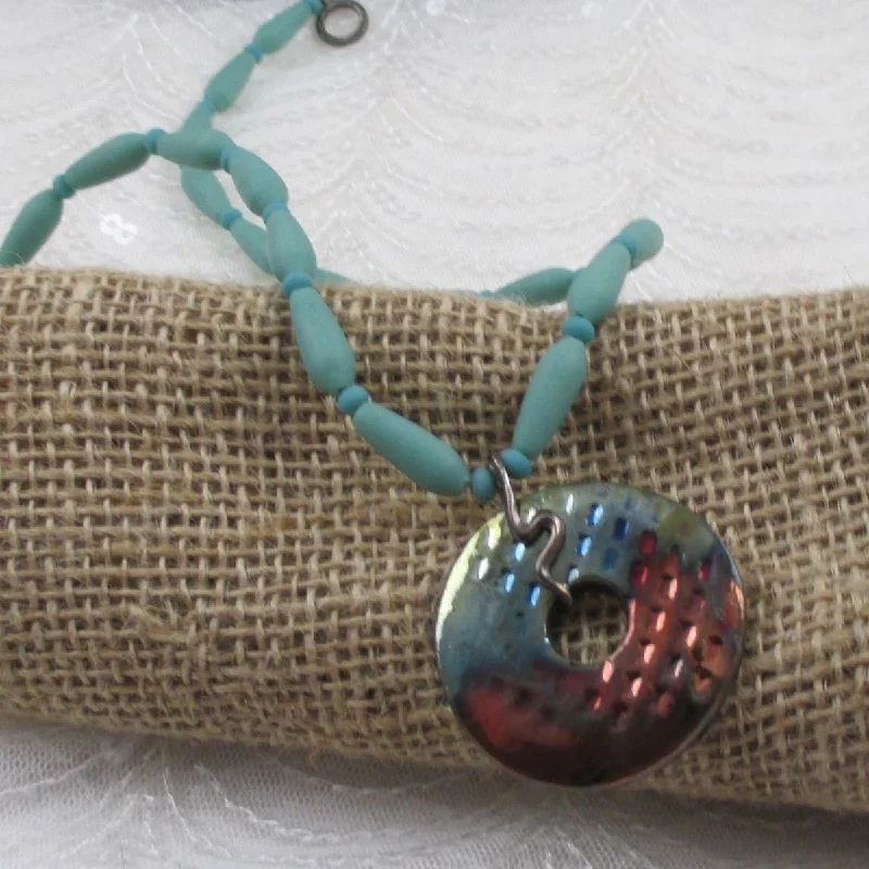 elegant silver necklaces with gemstones -Sea Glass Bead Necklace with Handmade Urban Raku Pendant