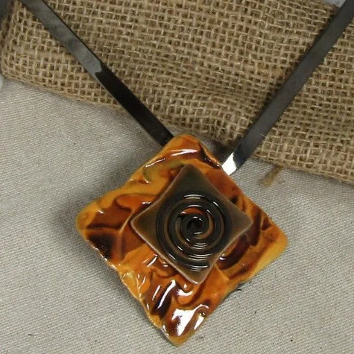 gold pendant necklaces for couples -Gunmetal Choker with Handmade Orange Wash Raku Glazed Pendant