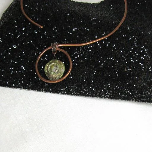 gemstone chain necklaces for men -Copper Neck Wire Necklace with Green Raku GLazed Pendant