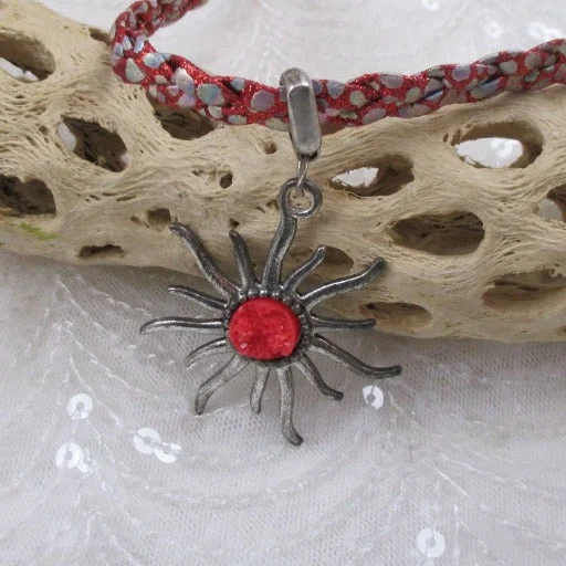 trendy necklaces with initials -Sparkle Red Vegan Braided  Leather Cord Choker with Sunburst Pendant