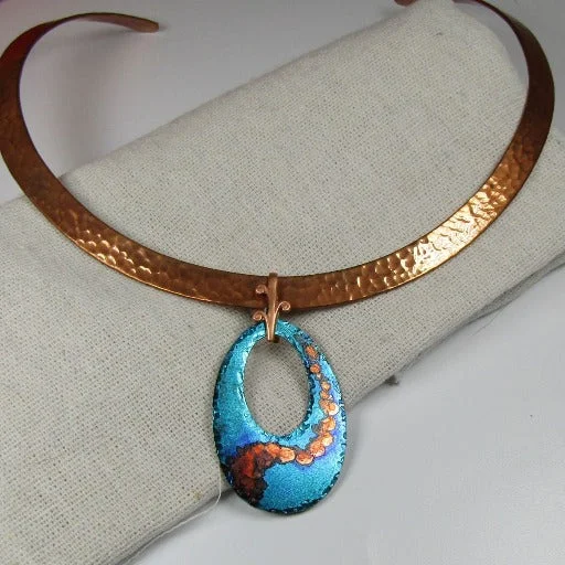 gold necklaces with charms for gifts -Designer Copper Neck Wire Choker with Handmade Blue Patina Pendant