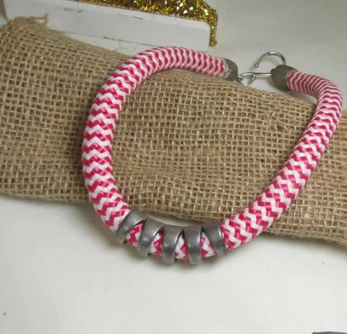 affordable luxury necklaces -Candy Striped Cotton Rope Cord  Necklace Silver Accents