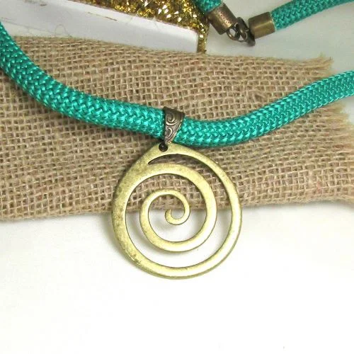 classic gold pendant necklaces -Green Cotton Climbing Cord  Necklace with Antique Brass Pendant