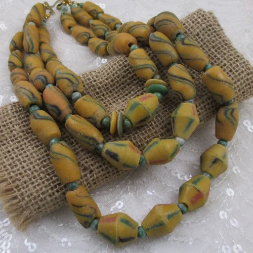 trendy gold necklaces for women -Dark Yellow Handmade African Trade Bead Necklace Triple Strand