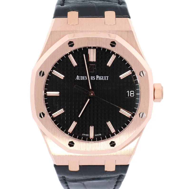 gold chain necklaces for formal wear -Audemars Piguet Royal Oak 41mm Rose Gold Black Stick Dial Watch Reference# 15500OR.OO.D002CR.01