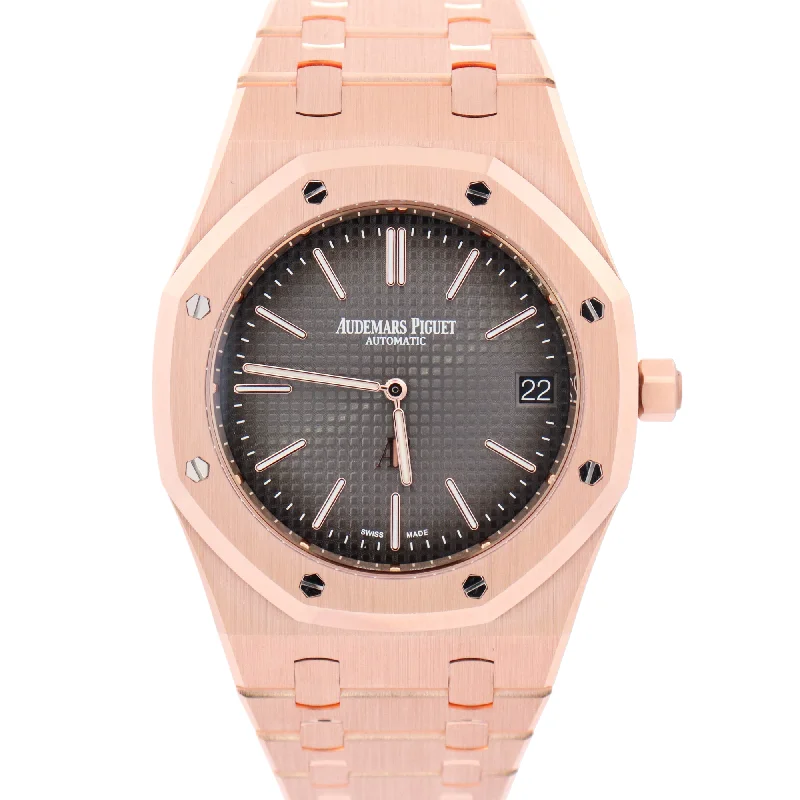 unique gold pendant necklaces for women -Audemars Piguet Royal Oak "Jumbo" 39mm Rose Gold Smoke Grey Petite Tapisserie Dial Watch Reference# 16202OR.OO.1240OR.02