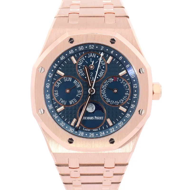 unique silver necklaces for gifts -Audemars Piguet Royal Oak Perpetual Calendar 41mm Rose Gold Blue "Grande Tapisserie" Stick Dial Watch Reference# 26574OR.OO.1220OR.03