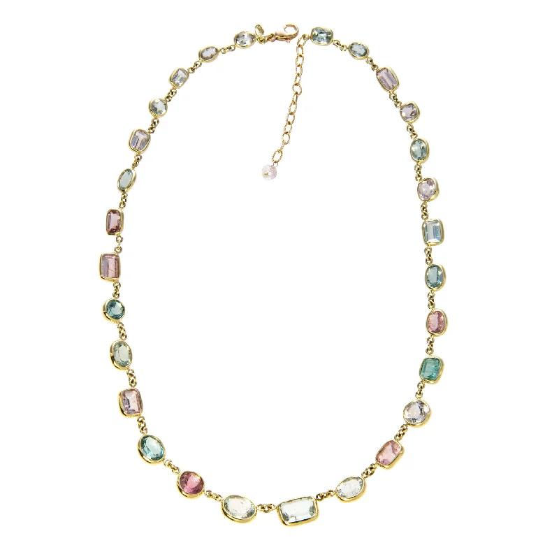 trendy custom-made gold necklaces -Mazza Multi-Color Pastel Tourmaline Bezel Station 18K Gold Necklace