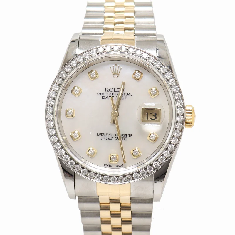 fashion-forward gold necklaces -Rolex Datejust Two Tone Yellow Gold & Steel 36mm Custom White MOP Diamond Dial Watch Reference#: 16233