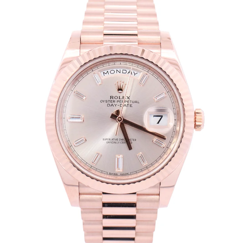 gold pendant necklaces for special occasions -Rolex Day-Date 40mm Rose Gold Sundust Pink Baguette Dial Watch Reference# 228235