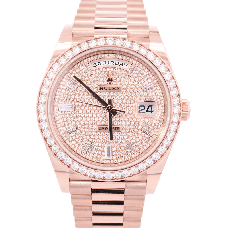 chunky gold necklaces with diamonds -Rolex Day Date 40mm Everose Gold Factory Pave Baguette Dial Watch Reference# 228345RBR