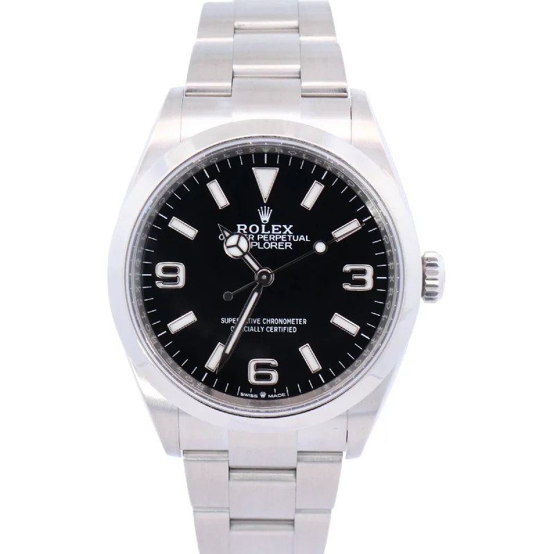 affordable custom necklaces for men -Rolex Explorer 36mm Stainless Steel Black Stick & Arabic Dial Watch Reference# 124270