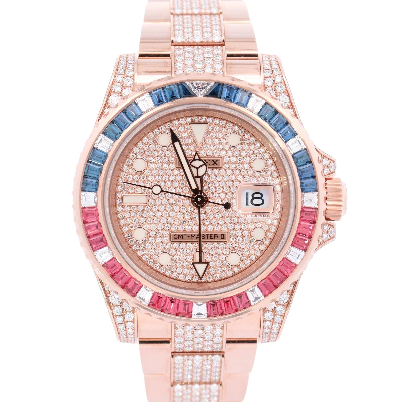 gold chain necklaces with diamonds -Rolex GMT Master II 40mm Rose Gold Factory Pave Diamond Dial Watch Reference# 126755SARU