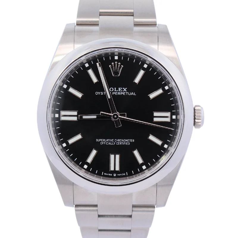 designer necklaces with diamonds -Rolex Mens Oyster Perpetual Stainless Steel 41mm Black Stick Dial Watch Reference#: 124300