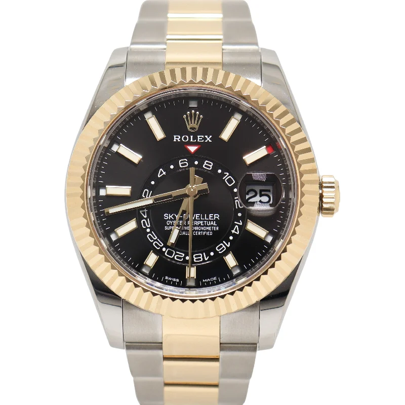 trendy necklaces with gemstones -Rolex Sky Dweller Two Tone Yellow Gold & Steel 42mm Black Stick Dial Watch Reference#: 326933