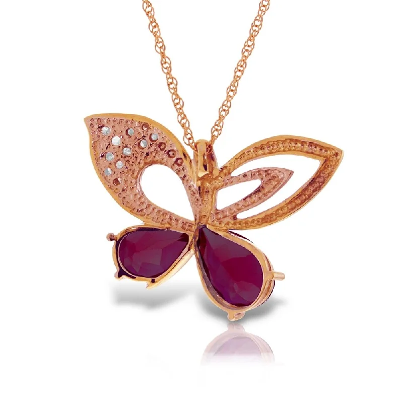 gold necklaces with charms -14K Solid Rose Gold Batterfly Necklace withNatural Diamonds & rubyes